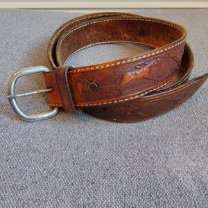 Vtg TexTan Leather Mens Belt Size 36 Hand Tooled USA Equestrian Horseshoe Cowboy